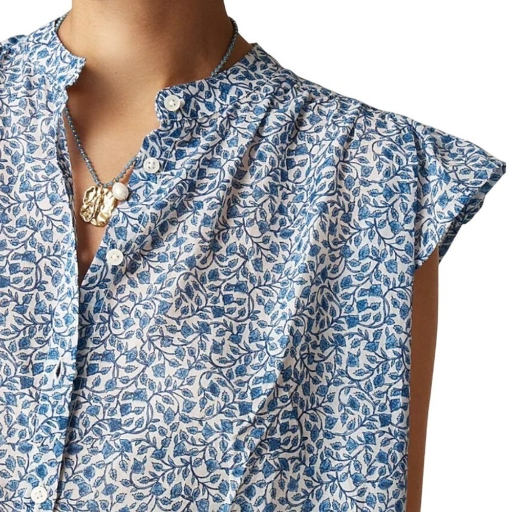 J. Crew Blue White‎ Floral Paisley Cap Sleeve Button Up Shirt Top Size L NWT $90 - Picture 3 of 12
